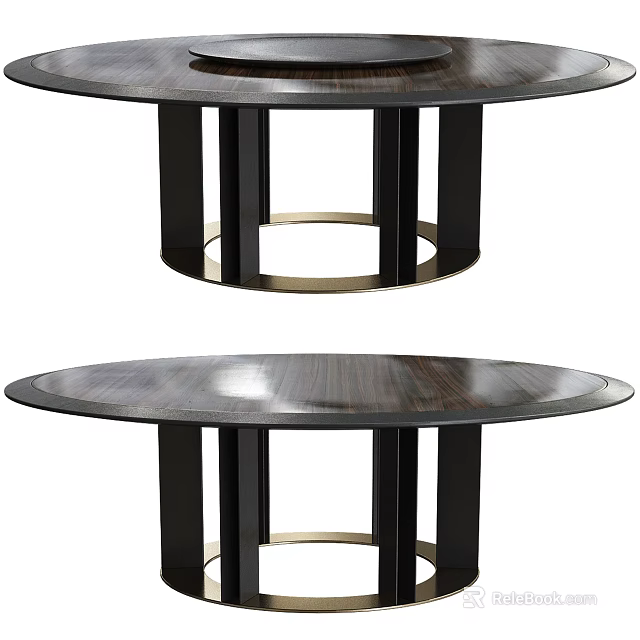 Modern Round Dining Table With Dark Sleek Surface Black Legs And Gold Accents 3d model 