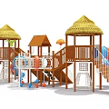Wooden Playground Equipment With Thatched Roof Playhouse Slide And Climbing Frames