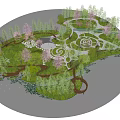 Park Landscape Featuring Pink Cherry Blossom Trees Green Lawns Circular Paths And Water