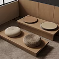Japanese Style Room Interior With Wooden Benches And Round Cushions