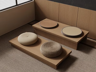 Japanese Style Room Interior With Wooden Benches And Round Cushions 3d model