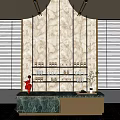 Elegant Bar Counter Interior With Marble Backdrop Open Shelves Bottles And Window Blinds 3d model