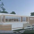 Modern Tourist Center Architectural Design With Large Windows Wooden Elements Green Lawn And Stone Pathway