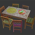 Dining Table Set With Marble Top Six Green Cushioned Chairs Woven Placemat And Fruit Bowl