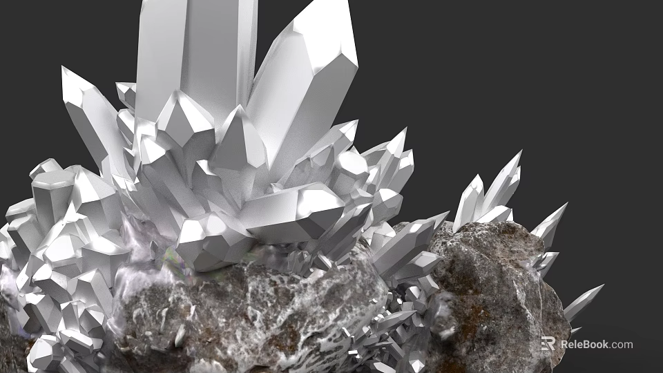 Geometric Crystal Sculpture Carving With Sharp Edges And Metallic Silver Rock Base 3d model 