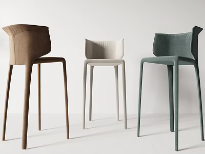 Three Different Colored Brown Beige and Teal Modern Bar Stools with Backrest and Tall Legs 3d model