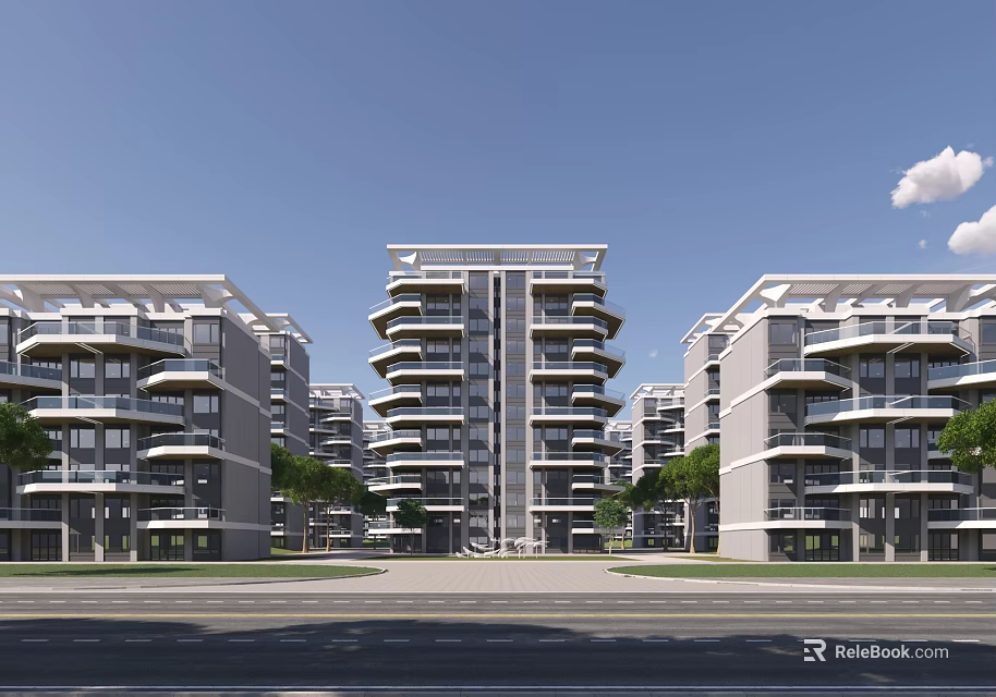 Modern Multi Story Residential Building With Symmetric Facade Balconies And Street View Landscaping 3d model 