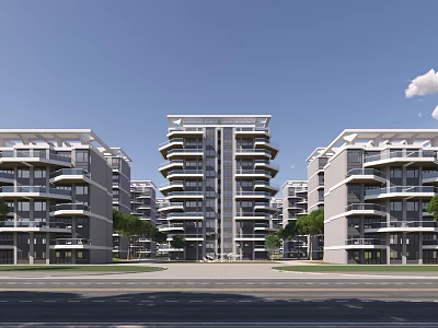 Modern Multi Story Residential Building With Symmetric Facade Balconies And Street View Landscaping 3d model