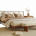 Double Bed with Wooden Headboard Woven Design Pillows Footstool Nightstands Table Lamp Vase and Rug