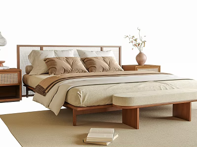 Double Bed with Wooden Headboard Woven Design Pillows Footstool Nightstands Table Lamp Vase and Rug 3d model