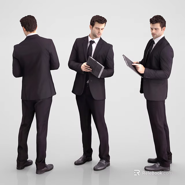 Businessman Standing In Formal Suit Holding Tablet Three Different Angles Full Body View 3d model 