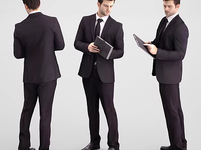 Businessman Standing In Formal Suit Holding Tablet Three Different Angles Full Body View 3d model