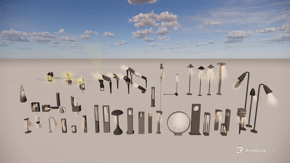 Diverse Lighting Fixtures Collection Featuring Various Types Arranged on Gray Background Blue Sky White Clouds 3d model 