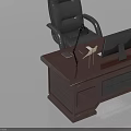 Dark Brown Office Desk With Computer Monitor Black Desk Lamp Pen Holder And Leather Chair
