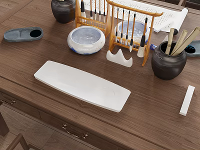 Stylish Jewelry Display On Wooden Table With Bamboo Stand And White Trays 3d model