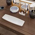 Stylish Jewelry Display On Wooden Table With Bamboo Stand And White Trays