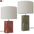 Red And Green Ceramic Table Lamps Bases With Linen Shades Curved Grooved Design