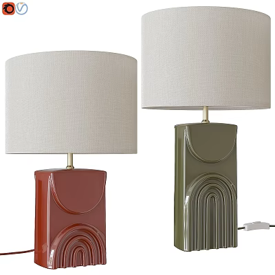 Red And Green Ceramic Table Lamps Bases With Linen Shades Curved Grooved Design 3d model