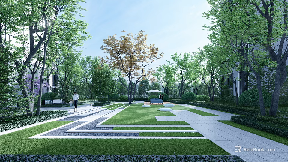 Modern Garden Wall Design In Landscaped Park With Green Lawn Trees And Pathways 3d model 