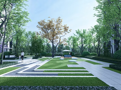 Modern Garden Wall Design In Landscaped Park With Green Lawn Trees And Pathways 3d model