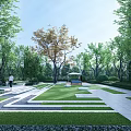Modern Garden Wall Design In Landscaped Park With Green Lawn Trees And Pathways