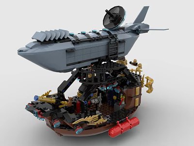 Building Blocks Model With Gray Aerial Structure Propeller And Brown Detailed Base Minifigures Red Buoys 3d model