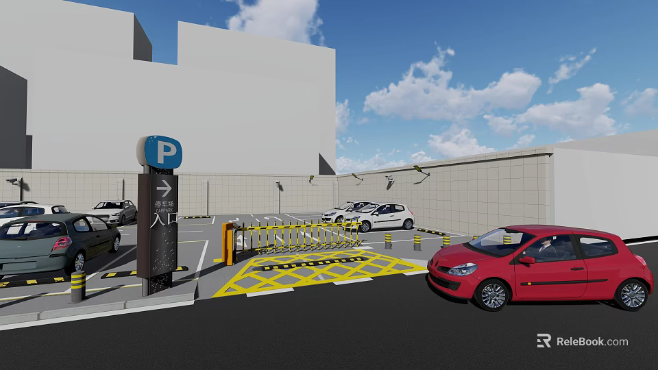 Road Infrastructure With Parking Entrance Barrier Gate Yellow Grid Lines And Vehicles 3d model 