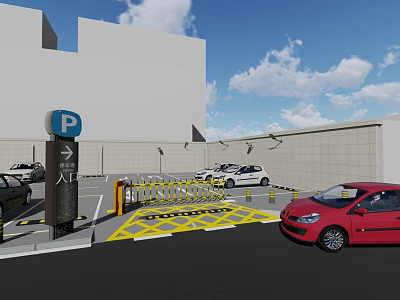 Road Infrastructure With Parking Entrance Barrier Gate Yellow Grid Lines And Vehicles 3d model