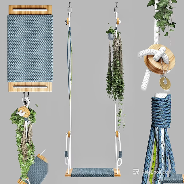 Unique Hanging Garden Decor With Braided Rope Wooden Accents And Green Plants 3d model 