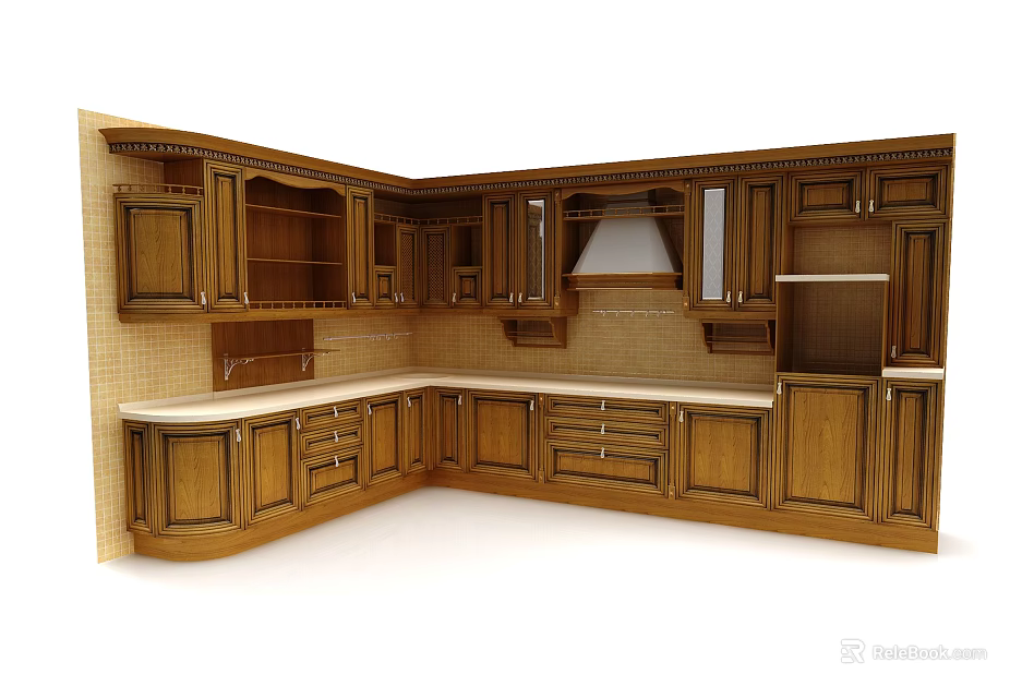 Traditional Wooden Kitchen Cabinets With Drawers White Countertop And Brick Wall 3d model 