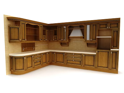 Traditional Wooden Kitchen Cabinets With Drawers White Countertop And Brick Wall 3d model