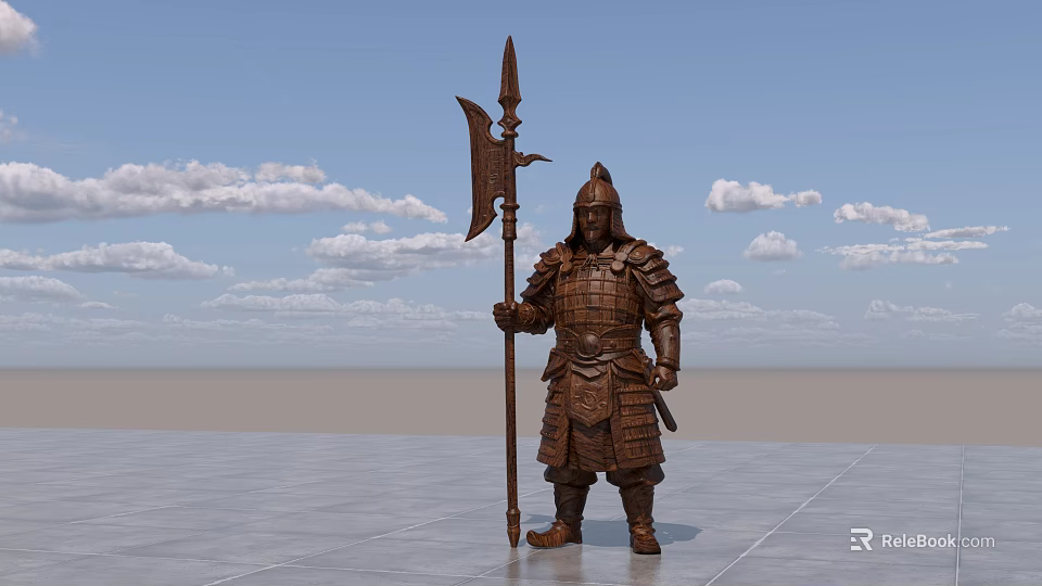 Ancient Warrior Landscape Sculpture in Armor Holding Spear and Flag Under Blue Sky 3d model 