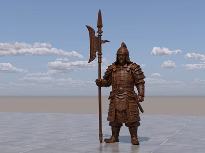 Ancient Warrior Landscape Sculpture in Armor Holding Spear and Flag Under Blue Sky 3d model