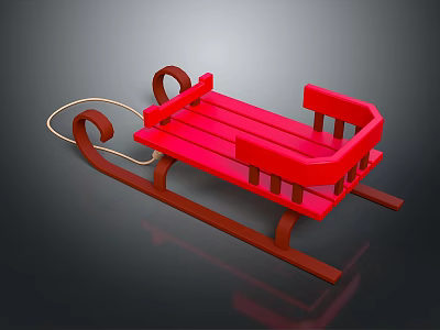 Red Wooden Sled Design With Curved Handles And Rope Attachment 3d model