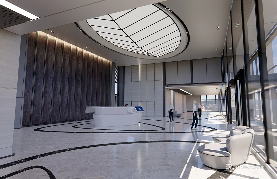 Modern Hotel Lobby Interior With Dome Ceiling Marble Flooring Reception Desk And Sofa Seating 3d model 