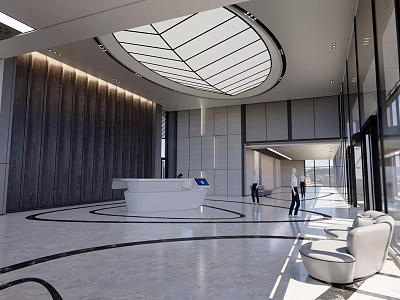 Modern Hotel Lobby Interior With Dome Ceiling Marble Flooring Reception Desk And Sofa Seating 3d model