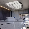 Modern Hotel Lobby Interior With Dome Ceiling Marble Flooring Reception Desk And Sofa Seating