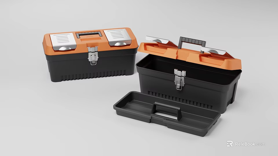 Orange and Black Toolbox with Compartment Trays for Storing Hardware Tools 3d model 