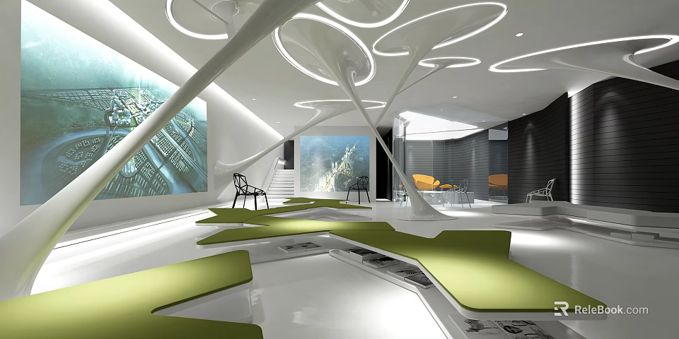 Modern Exhibition Hall Interior With Curved Ceiling Green Seating And Large Artworks 3d model 