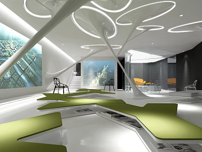 Modern Exhibition Hall Interior With Curved Ceiling Green Seating And Large Artworks 3d model