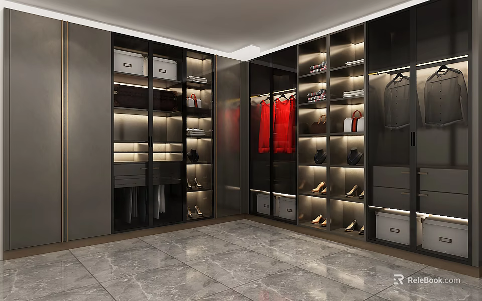 Modern Walk in Wardrobe Interior With Glass Doors Lighting And Storage Drawers 3d model 