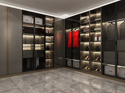 Modern Walk in Wardrobe Interior With Glass Doors Lighting And Storage Drawers 3d model