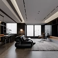 Modern Living and Dining Room Interior With Open Layout Black Sofa And Large Windows