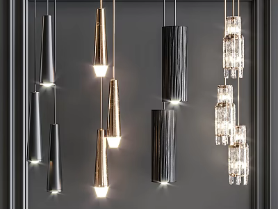 Modern Chandeliers Featuring Metallic Cylindrical And Crystal Drop Designs In Black Gold 3d model