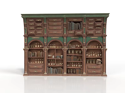 Vintage Wooden Cabinet Bookcase With Green Accents Arched Design Drawers Shelves Books And Bottles 3d model