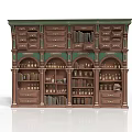 Vintage Wooden Cabinet Bookcase With Green Accents Arched Design Drawers Shelves Books And Bottles