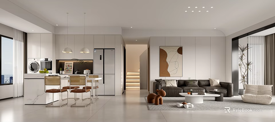 Modern Living Dining Room Interior Design With Open Layout Sofa Dining Table And Pendant Lights 3d model