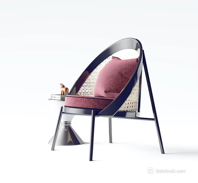 Modern Leisure Chair With Black Frame Woven Material Red Cushion And Small Side Table 3d model 