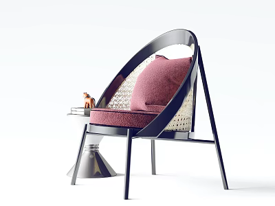 Modern Leisure Chair With Black Frame Woven Material Red Cushion And Small Side Table 3d model