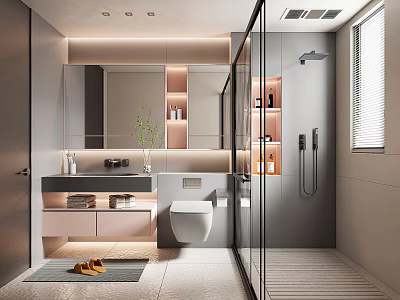 Modern Bathroom Interior Design With Vanity Mirror Glass Shower Toilet And Storage Shelves 3d model